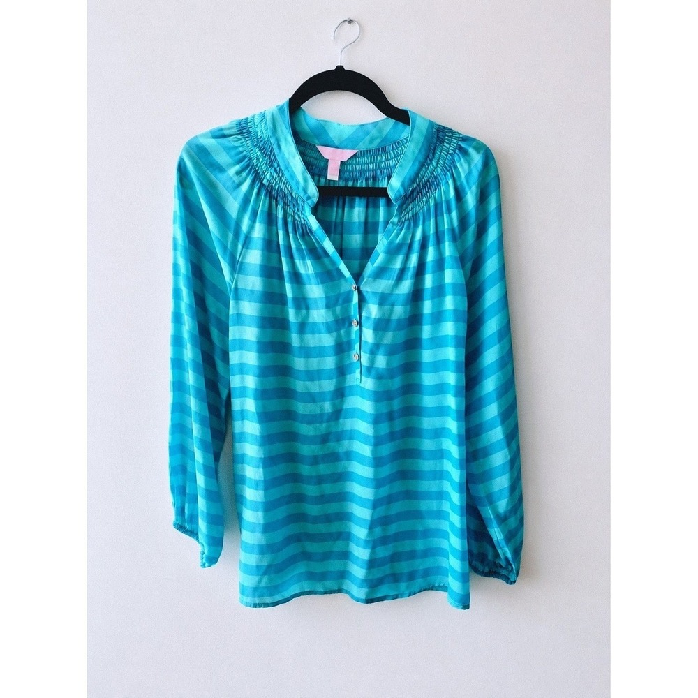 LILLY PULITZER Elsa Blouse Women M Blue 45565 Silk Striped Smocked V-Neck Top